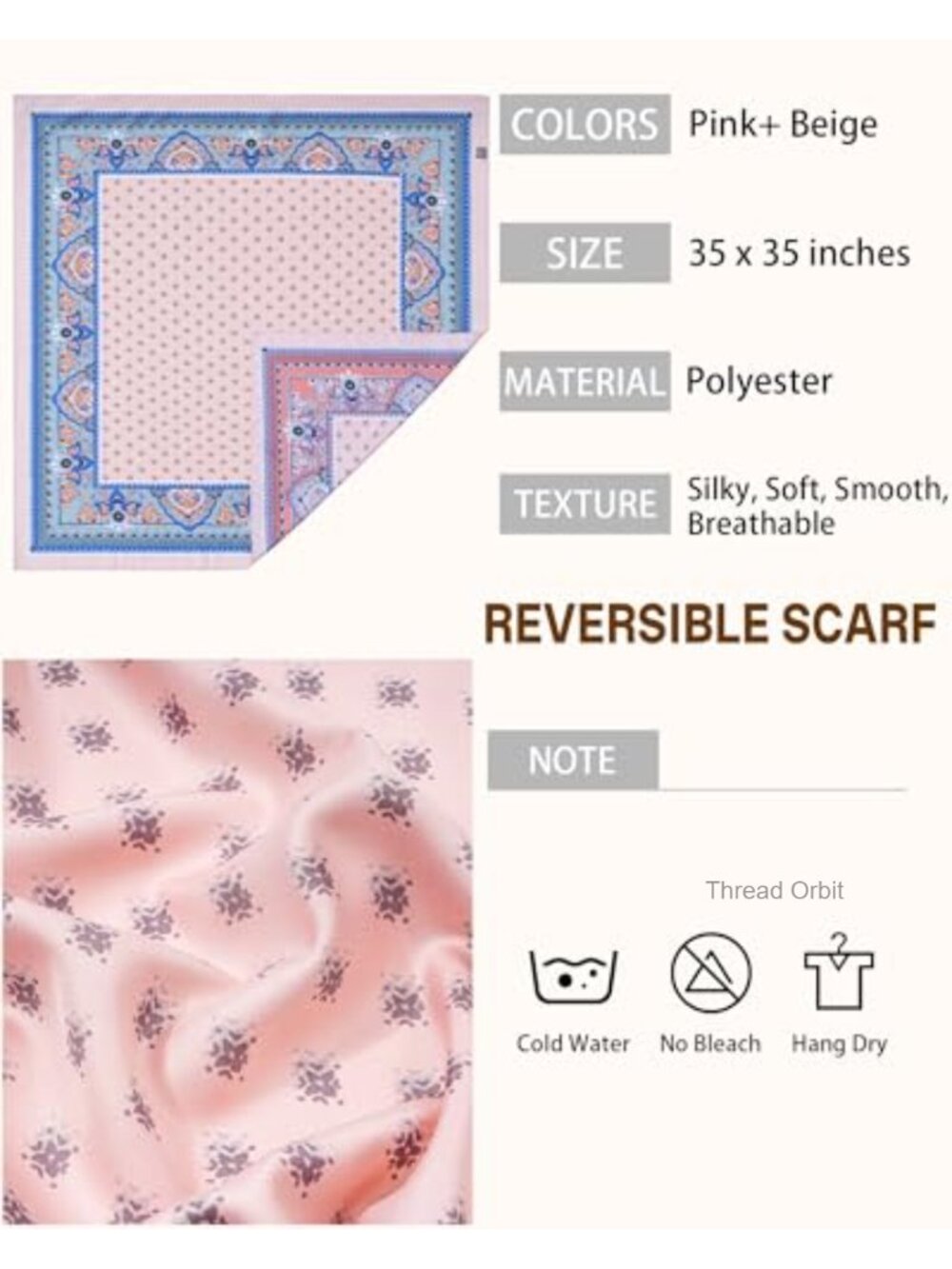 35" Reversible Head Scarf Polyester Twill Like Silk Bandana Hair Wrap - Picture 2 of 6